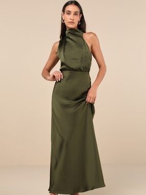 Lulus Distinctive Charm Olive Green Satin Asymmetrical Maxi Dress - Size L